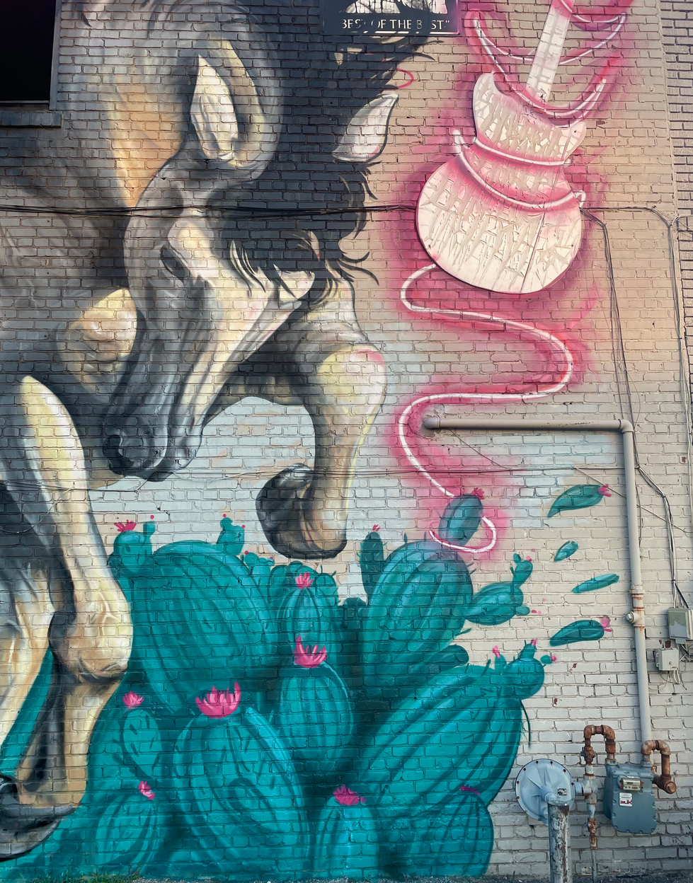 a mural of a horse and cactus on a brick wall