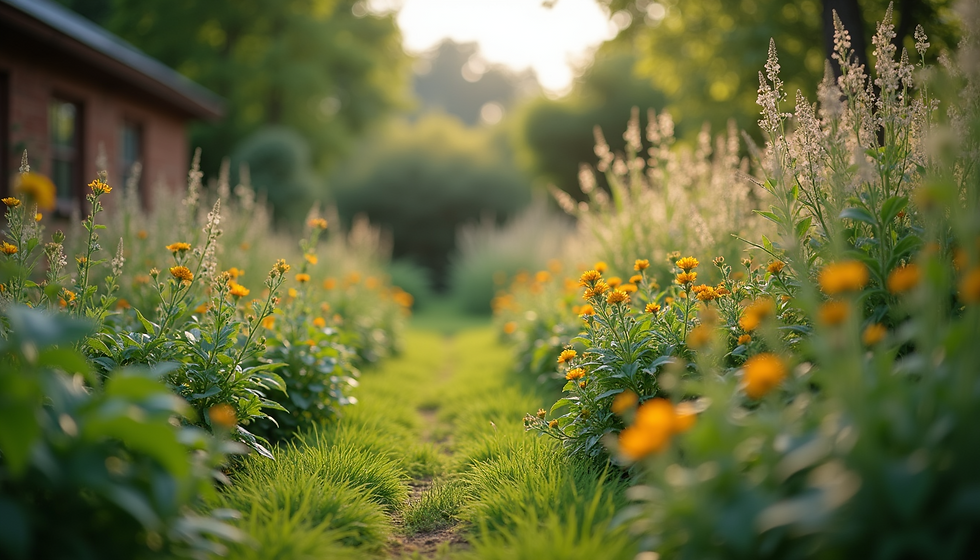 Eye-level view of a cozy garden seating area with eco-friendly furniture