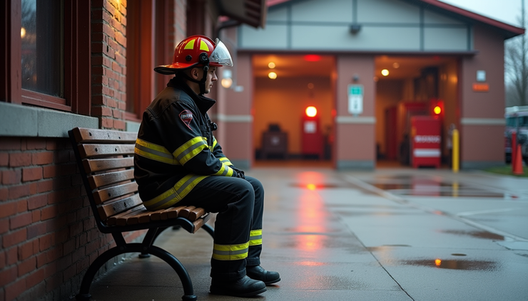 Eye-level view of a firefighter sitting quietly on a bench outside a fire station, reflecting