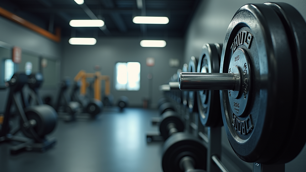High angle view of a gym with weights and exercise equipment