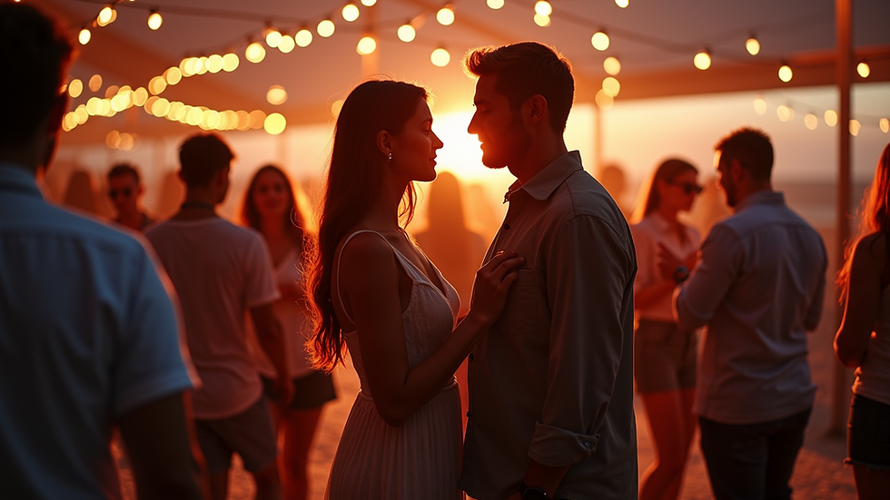 Eye-level view of a lively swingers event with couples socializing