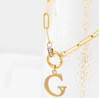 Gold paperclip charm holder necklace with large gold initial charm