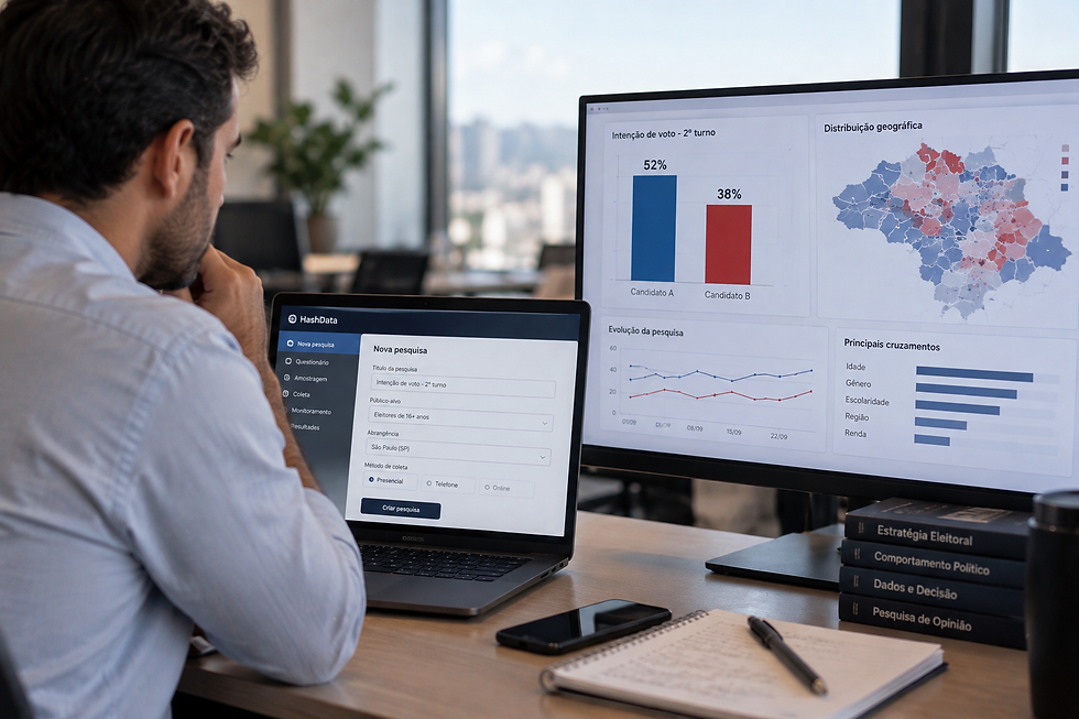 Você sabia que com o HashData dá para configurar, executar e analisar uma pesquisa eleitoral completa antes que a janela de ação feche?