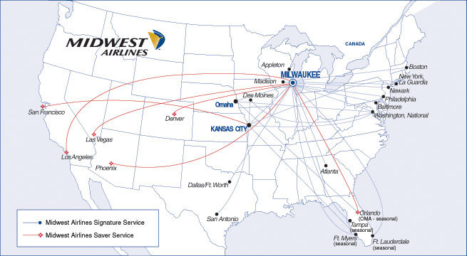 Route map for Midwest Airlines