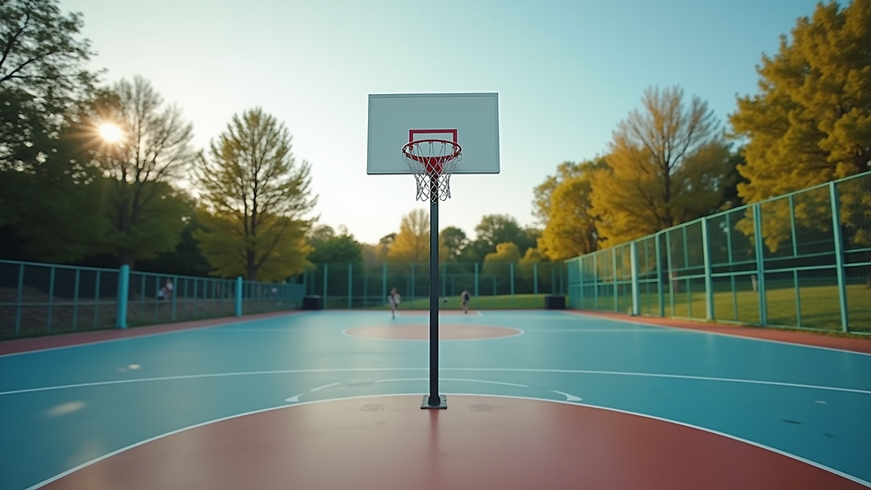 Eye-level view of a basketball hoop on an outdoor court