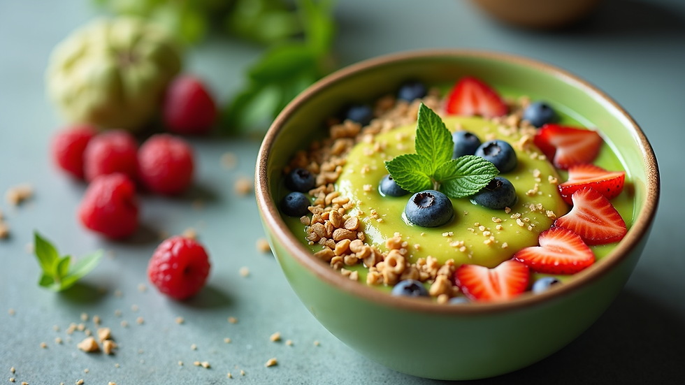 Eye-level view of a vibrant green smoothie bowl topped with fresh fruits
