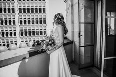 Wedding - Courtney & Spencer - Bride  - Penthouse Suite Balcony - Black and White Photo