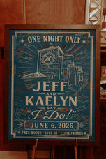 Custom wedding welcome sign displayed inside The Oviatt before the ceremony.