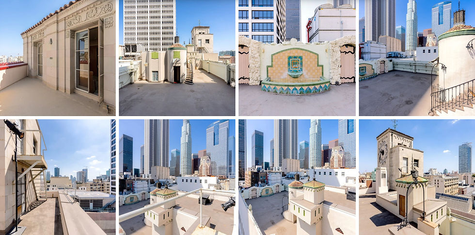 Rooftop of the Oviatt's penthouse featuring Art Deco details, vintage tilework, and views of downtown LA.