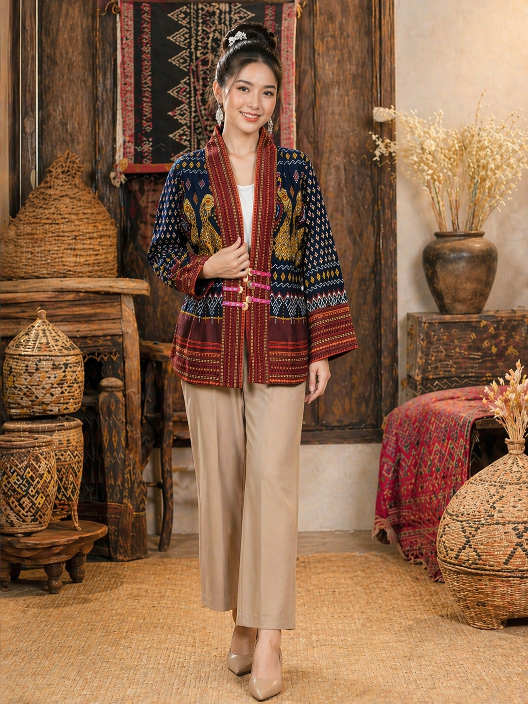 เสื้อคลุมตัวยาว ผ้าฝ้ายพื้นเมืองลายไืทย