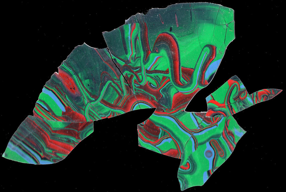 Abstract green, red, and black glass art