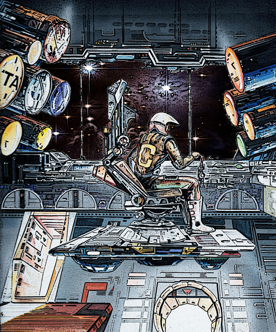 Astronaut piloting spaceship, space background