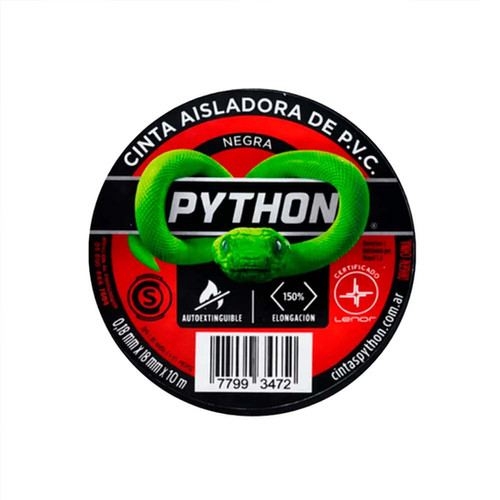Huincha Aisladora de PVC Python Certificada Auto extinguible, 10 mt