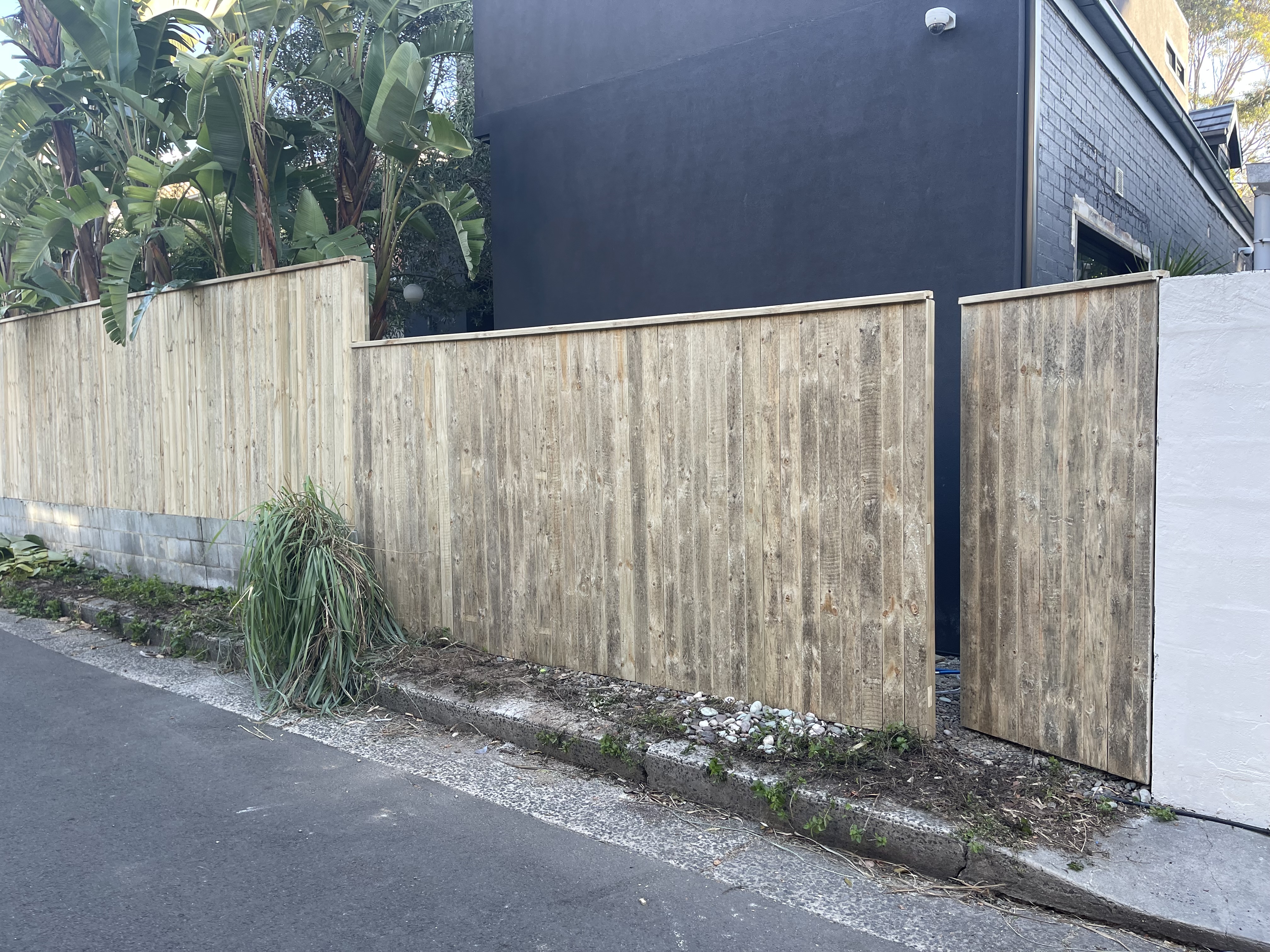 Natural unpainted timber paling fence with a matching timber gate