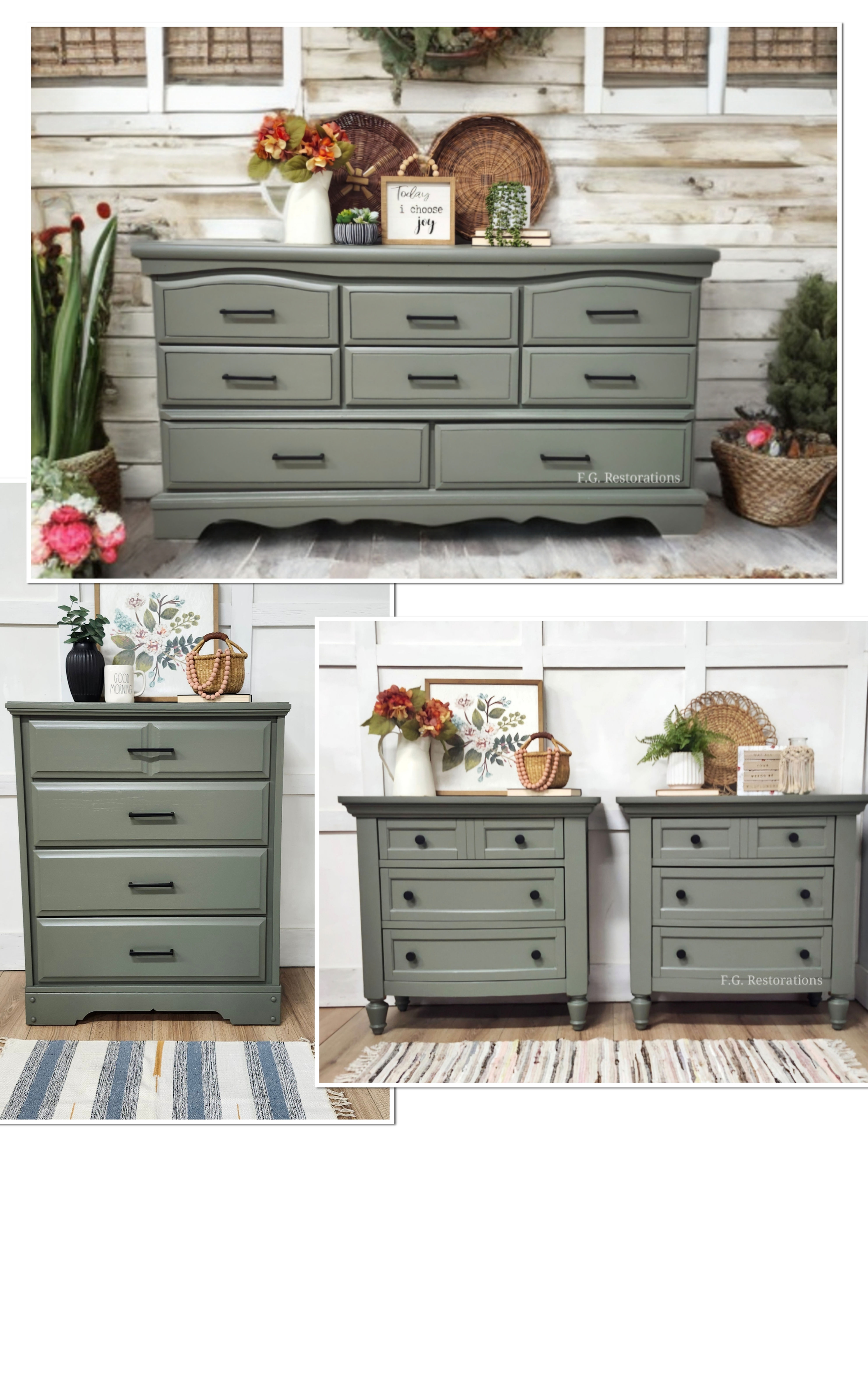 Long & tall Olive dresser w/ matching nightstands