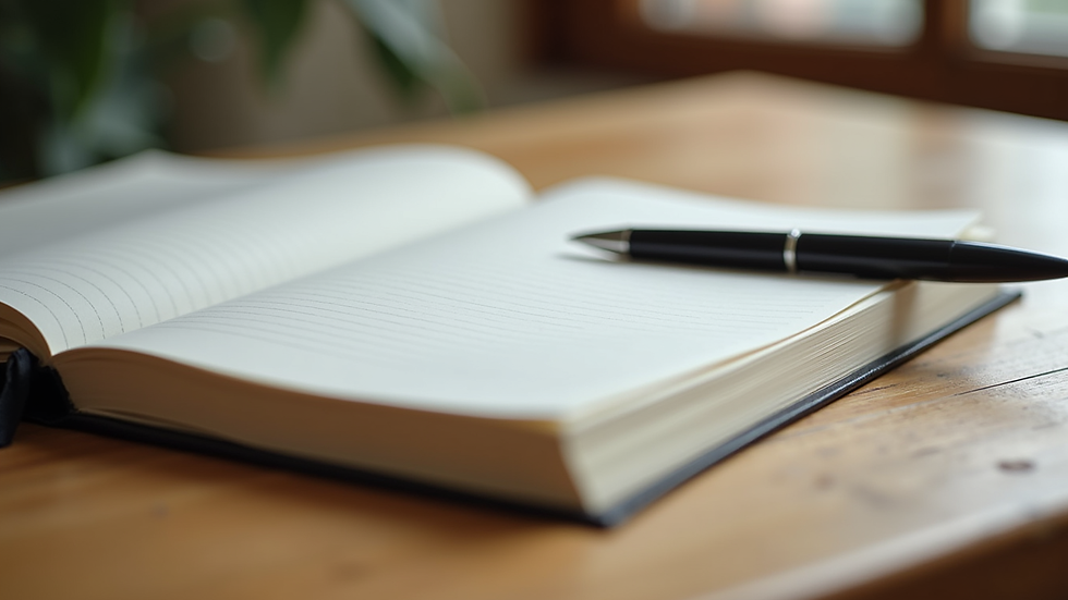 Close-up view of a journal and pen on a wooden table, symbolizing reflection and self-care
