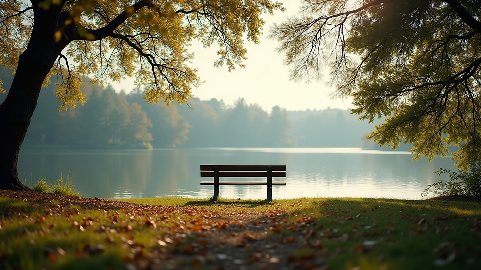 Eye-level view of a quiet lakeside bench surrounded by trees