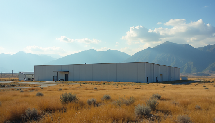 Eye-level view of a large data center facility surrounded by Montana’s natural landscape