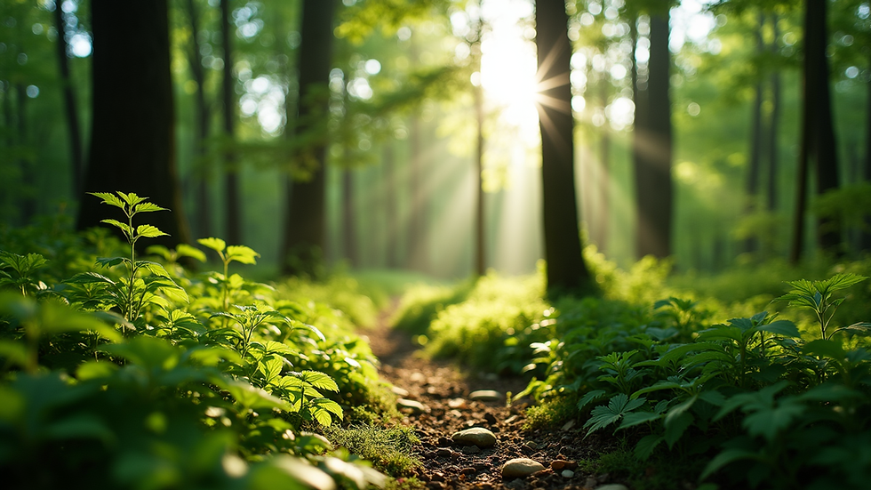 Eye-level view of a lush green forest with sunlight filtering through the trees