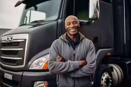 African American male driver in front of a black semi