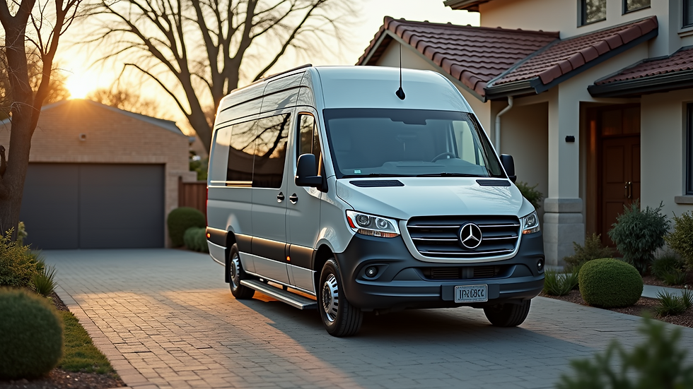 Eye-level view of a mobile detailing van parked in a driveway
