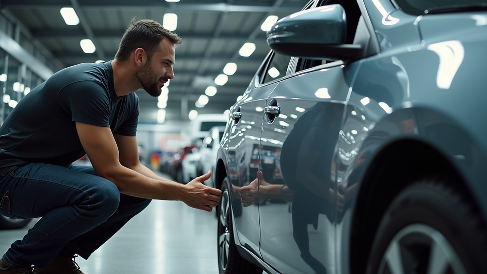 Eye-level view of satisfied customer admiring a freshly detailed car