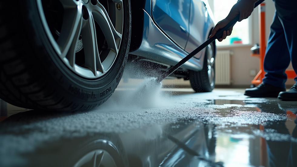 Eye-level view of a professional cleaning service in action on the undercarriage