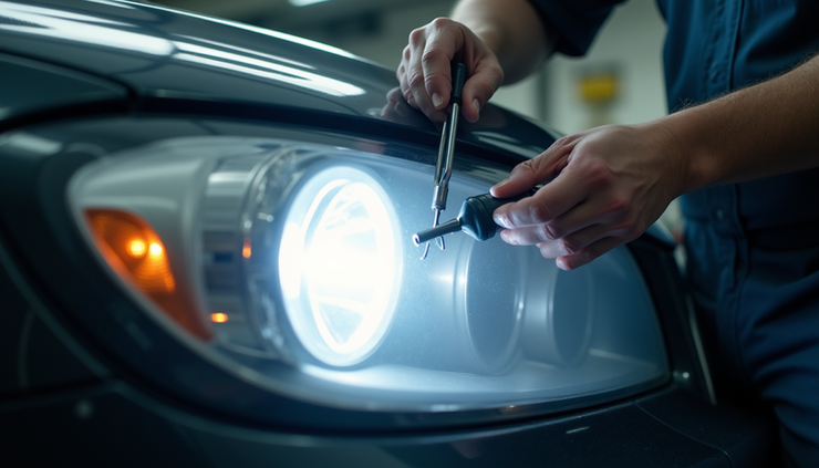Close-up view of a technician restoring a car headlight in Portland