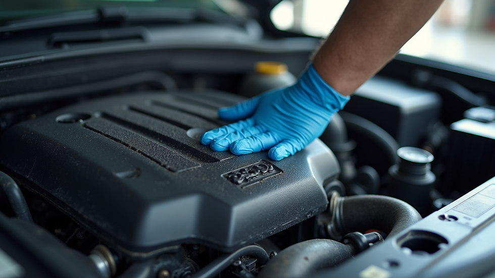 Eye-level view of a car engine bay being cleaned