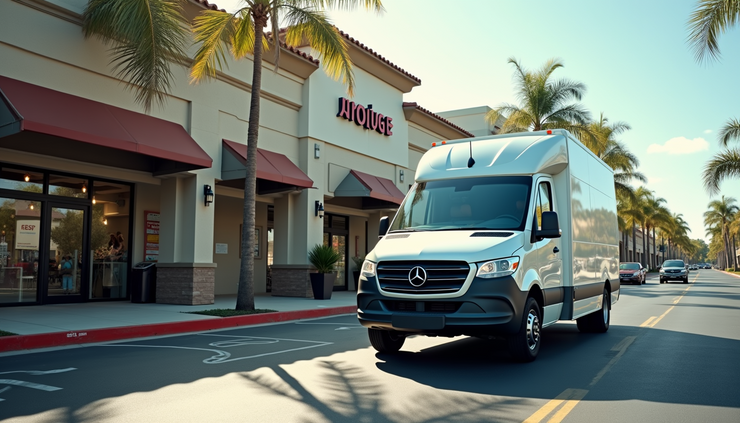 Eye-level view of a mobile detailing van parked near South Coast Plaza in Orange County