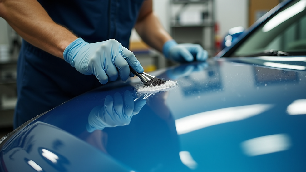 Close-up view of a technician applying ceramic coating to a car hood in Portland