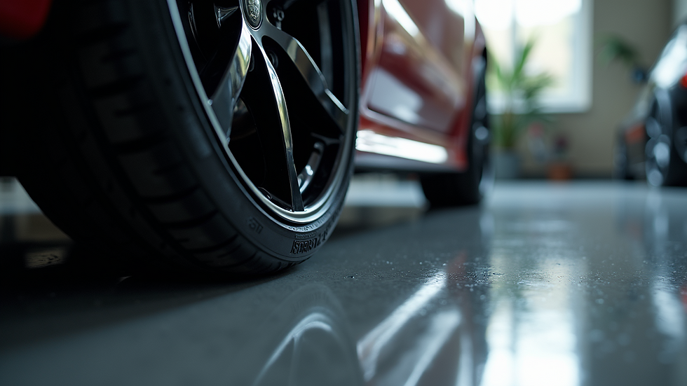 Eye-level view of polished black rims against a reflective surface
