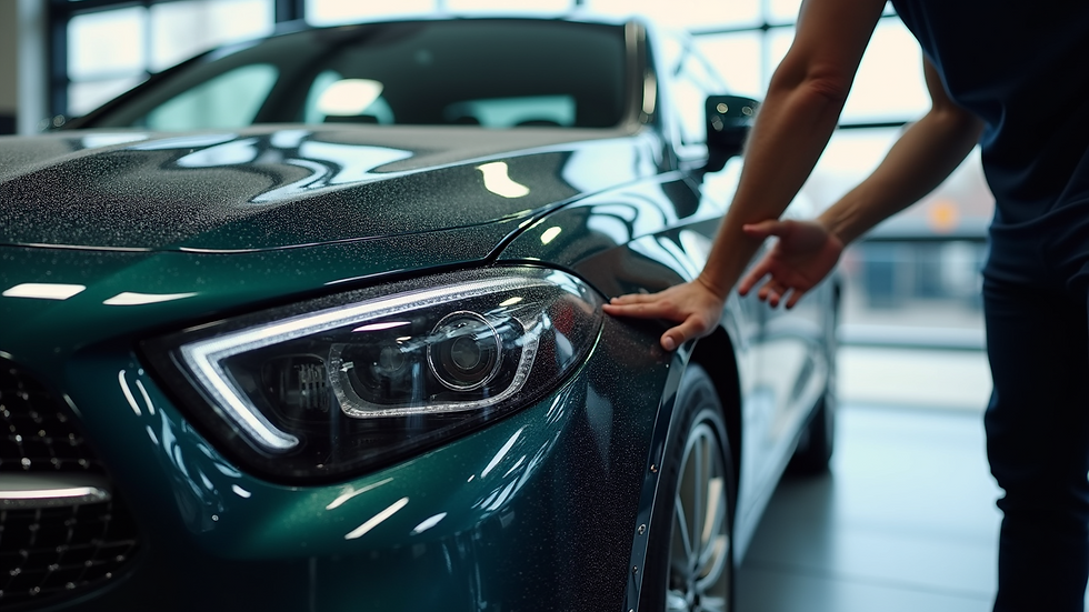 High angle view of detailer performing exterior detailing on a luxury car
