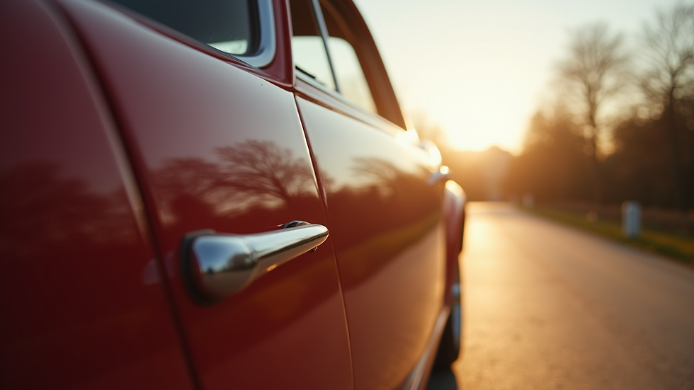 Eye-level view of a polished car door reflecting sunlight