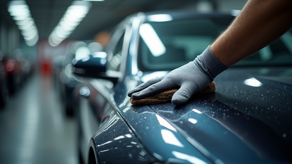 Close-up view of a car being polished by a professional