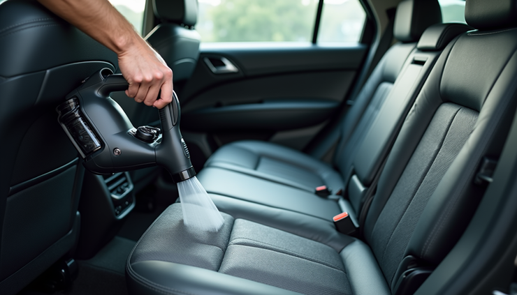High angle view of portable steam cleaner being used on car seat