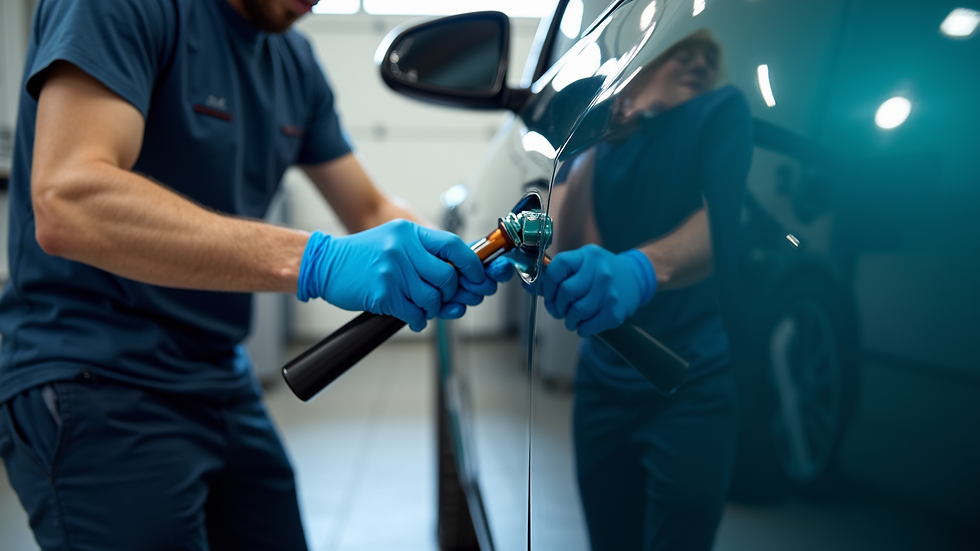Eye-level view of a technician applying ceramic coating on a car door