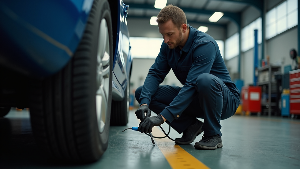 Eye-level view of a mechanic checking tire pressure