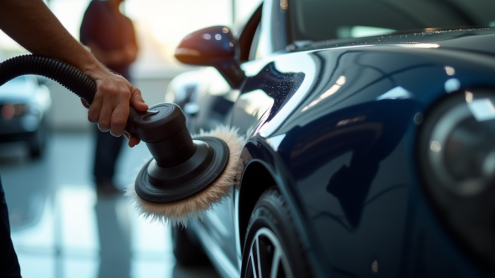 Eye-level view of a luxury car being polished with a dual-action polisher