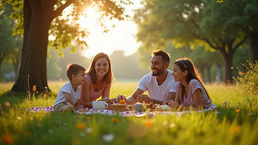 Eye-level view of a family enjoying a picnic at a scenic roadside stop