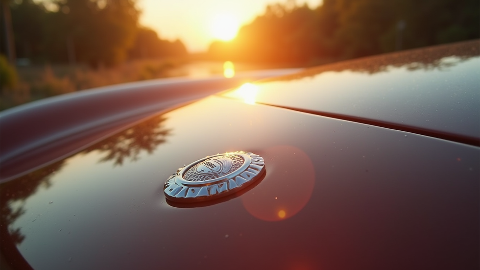 Close-up view of a polished car hood reflecting sunlight