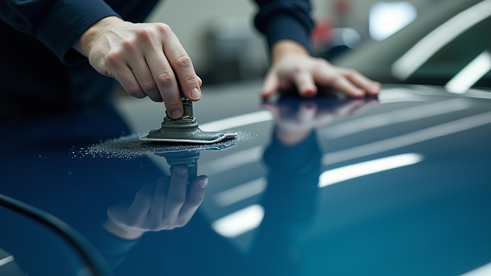 Close-up view of a technician applying ceramic coating to a car hood
