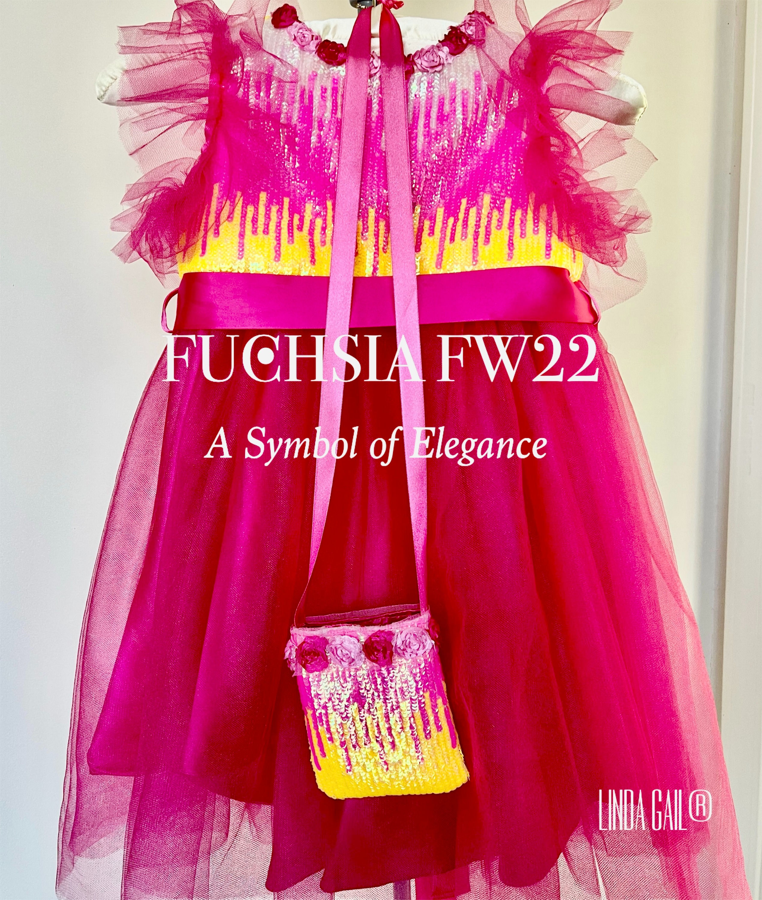 New! Fuchsia FW22 - Fuchsia/Turquoise Satin and Iridescent Sequin High Low Gown