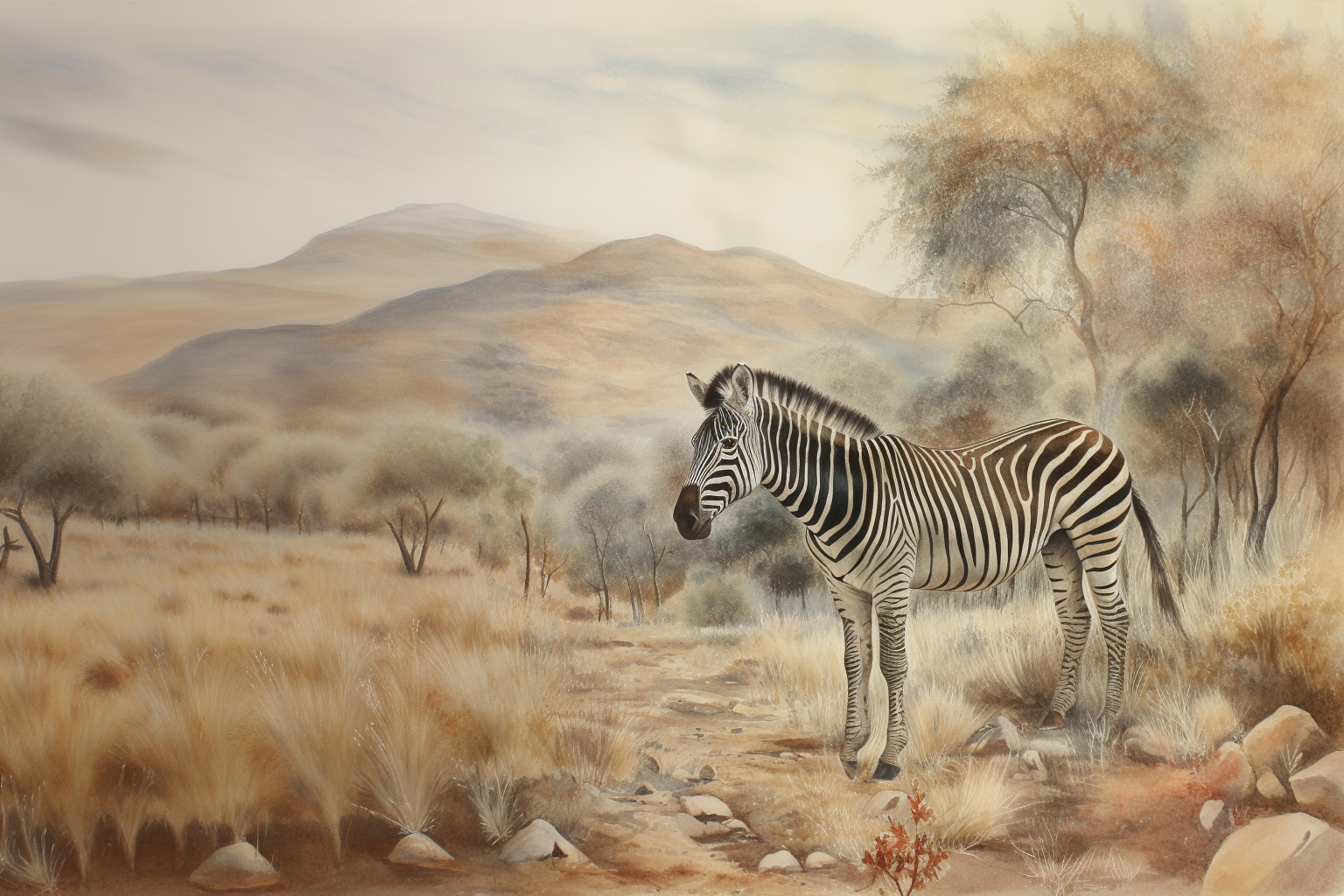 Cebra de pie en un paisaje africano con montañas y árboles, Pared Viva