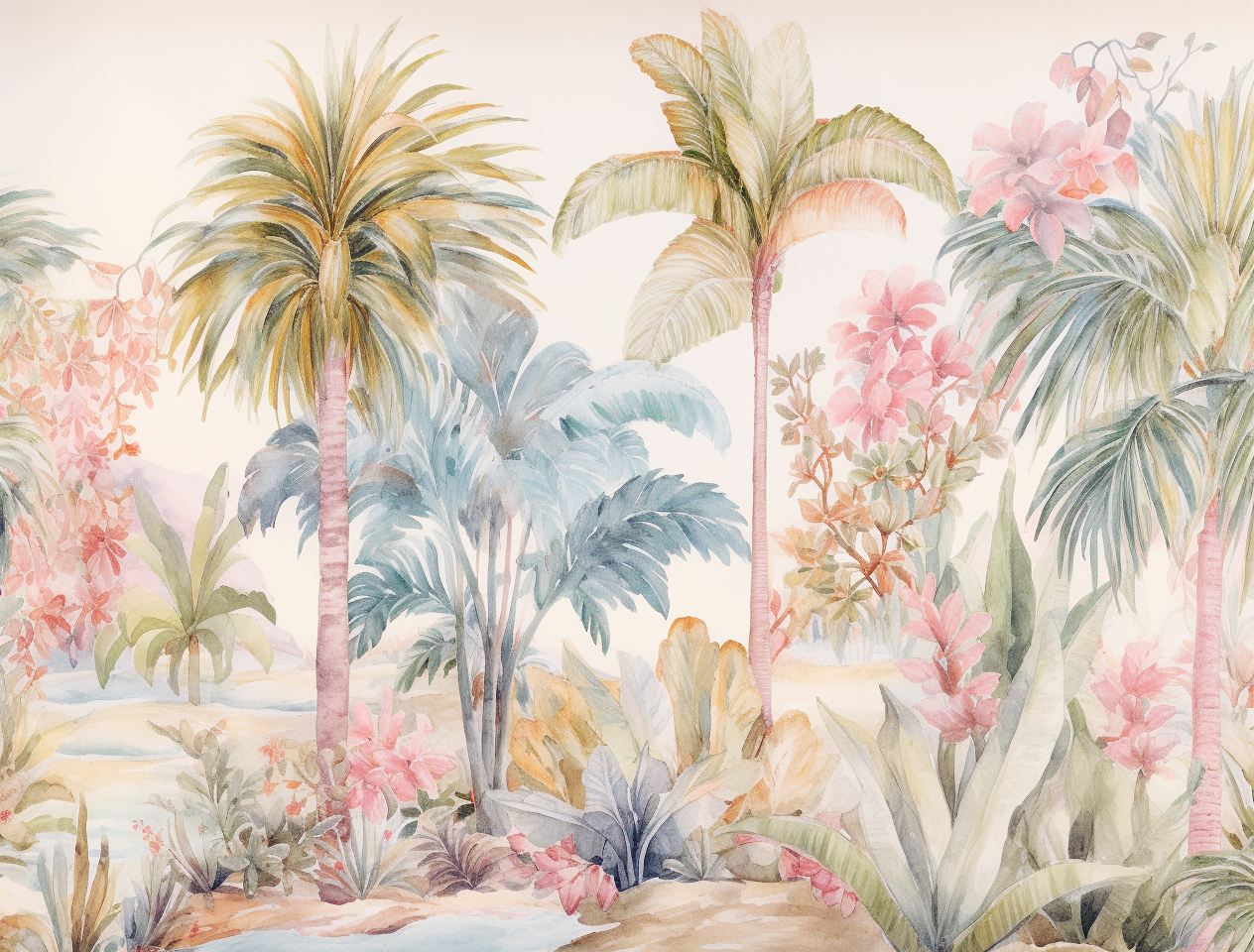Palmeras y flores en un diseño de acuarela; paisaje tropical, Pared Viva.