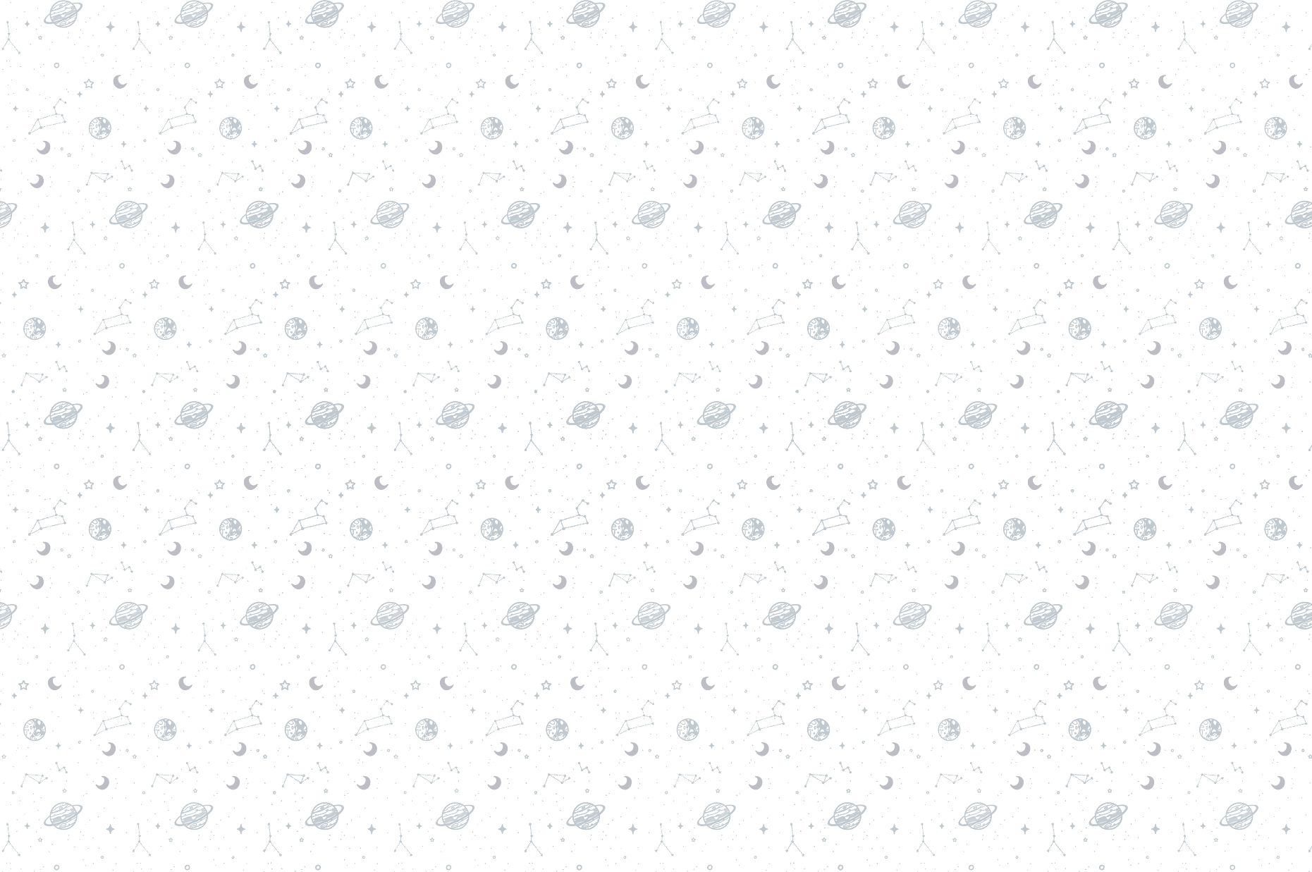 Repetición de planetas, lunas y estrellas en patrón blanco y gris. Pared Viva