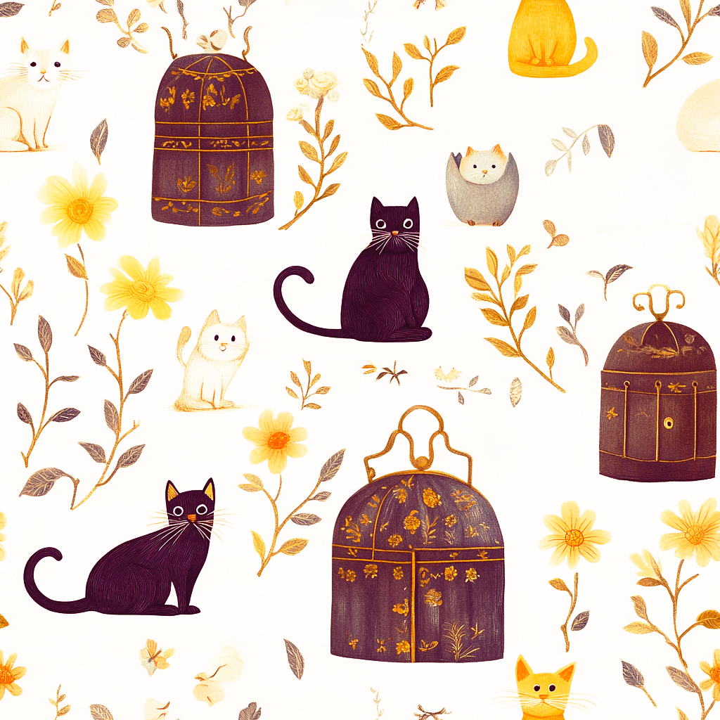 Gatos negros y blancos, jaulas decoradas, flores amarillas, sobre fondo blanco.