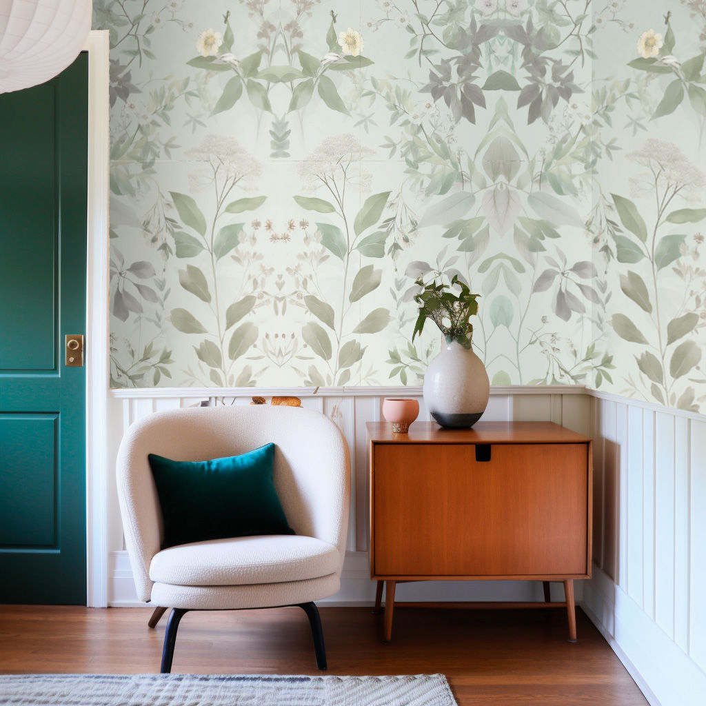 Una habitación decorada con flores, silla, mesa, y pared. Pared Viva.