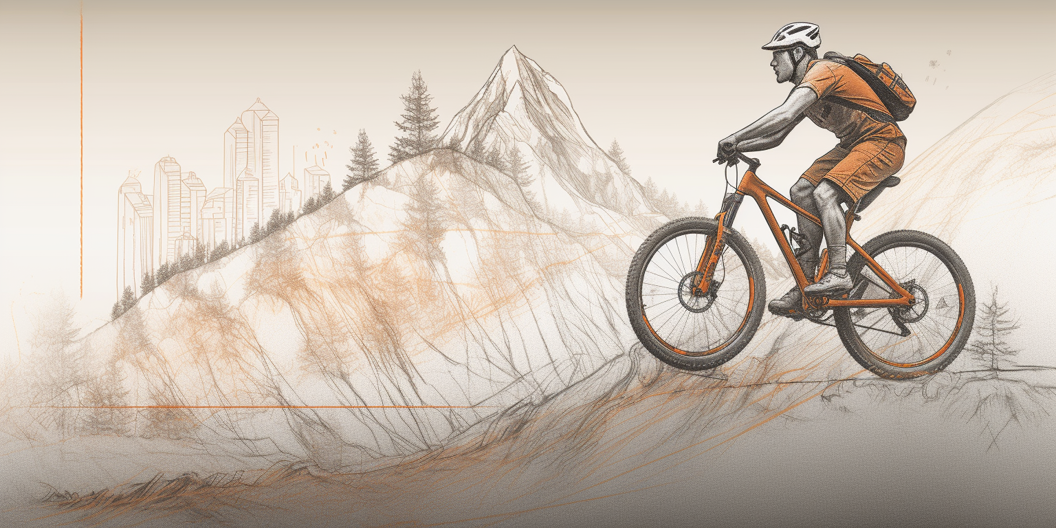 Ciclista en bicicleta de montaña, contorno de montañas, naturaleza. Pared Viva.