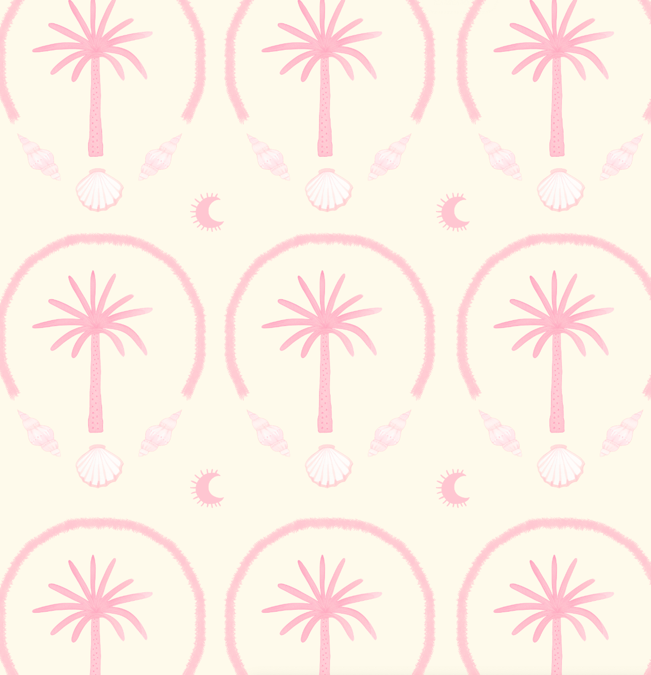 Patrón repetido de palmeras rosas, conchas y lunas, en fondo crema.